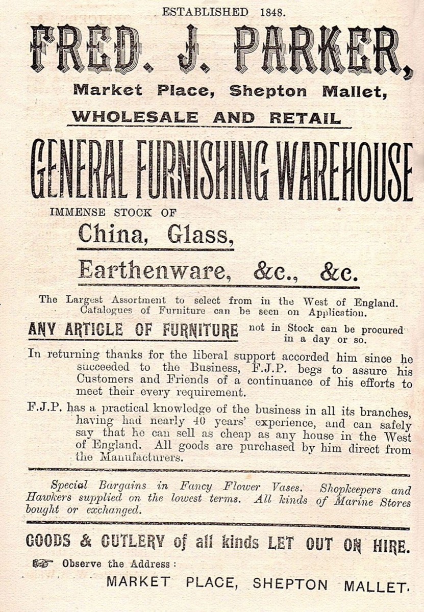 Advertisement for Fred. J. Parker’s furnishing warehouse. Its heading records the business as established in 1848.