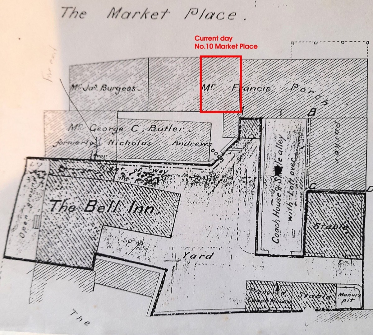 A historic plan of Market Place, annotated to mark today’s No. 10. The date of the plan is not recorded.